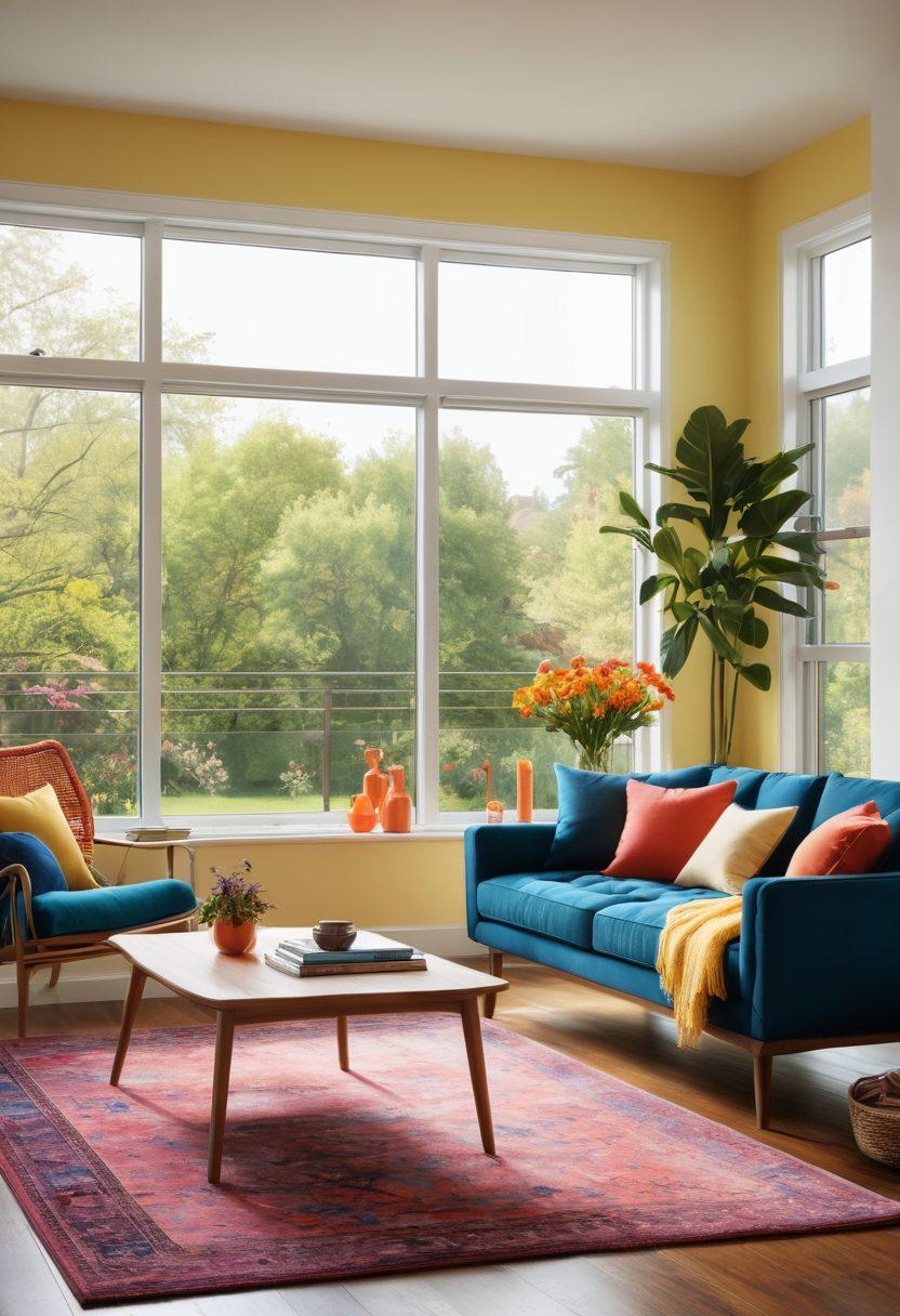 A serene and uplifting scene showcasing a modern, stylish living room filled with vibrant colors and natural light, featuring VandM products like furniture and decor that radiate joy and comfort. Add subtle elements like a bright, open window with blooming flowers outside and a person relaxing with a smile, embodying the theme of elevated mood. super-realistic. vibrant colors. bright, airy atmosphere.