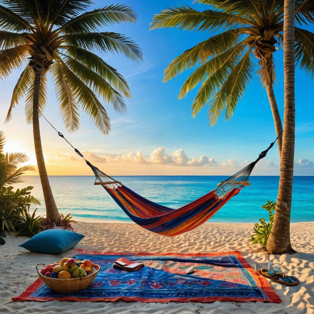 A serene landscape featuring a luxurious hammock swaying gently between two palm trees on a sunlit beach, surrounded by vibrant tropical flowers and clear blue waters. In the foreground, a delightful picnic spread with VandM's premium offerings like gourmet snacks and refreshing drinks. The sky is a brilliant mix of warm sunset hues, symbolizing euphoria and tranquility. super-realistic. vibrant colors. 3D.